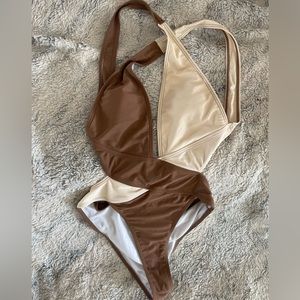 Super cute cream and brown open back, sexy bodysuit/swimsuit.